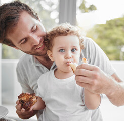 Poster - Meal, father and baby eat lunch with smile, love and happy together in Germany. Portrait, food and child eating bread for nutrition, health and hungry on a lunch in dining room, house or family home