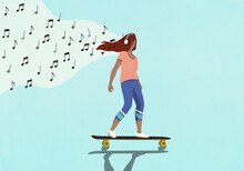 Carefree Woman Skateboarding And Listening To Music With Headphones
