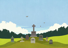 Birds Flying Over Cemetery Gravestones
