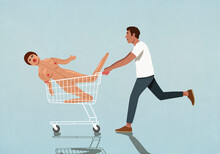 Man Running, Pushing Inflatable Sex Doll In Shopping Cart
