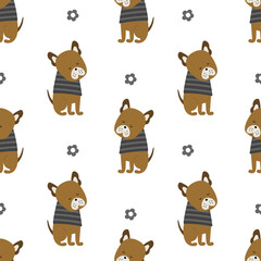 Wall Mural - Funny dogs seamless pattern with simple flowers.