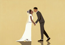 Bride And Groom Kissing On Yellow Background
