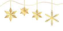 Golden Christmas Star, Snowflake Hanging On Transparent Background For Christmas And Happy New Year Celebration.