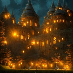 Wall Mural - Yellow lighted castle in dusk 3d illustration