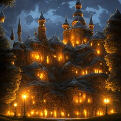 Wall Mural - Yellow lighted castle in dusk 3d illustration