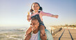 © Alexis S/peopleimages.com - Family, children and piggyback with a father and daughter eating ice cream while walking on the promenade together. Sky, nature and kids with a man and girl bonding with the sea or ocean at the beach
