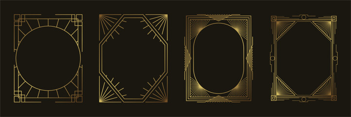 Set of luxury geometric gold frame vector. Gradient gold art deco, antique, vintage style, geometric line shape on black background. Elegant design illustration for card, decoration, poster, banner.