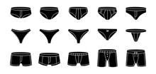 Underpants Set. Female And Male Underpants. Personal Underclothing Apparel. Classic Boxers, Trunks, Bikini, Strings, Thong. Black Swimwear