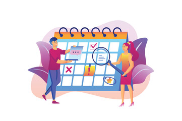Poster - Business daily planning violet gradient concept with people scene in the flat cartoon style. Employees of a business company make a plan of events for the near future. Vector illustration.