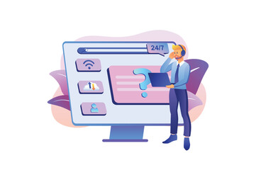 Poster - Online helpdesk violet gradient concept with people scene in the flat cartoon design. Help desk employee explains to the client how to fix technical problems. Vector illustration.