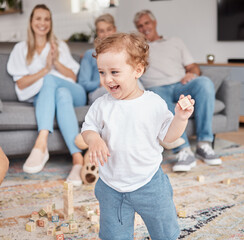 Poster - Kid, building blocks and happy family in living room home, lounge and house of creative learning, growth and development. Toddler boy child play with educational wooden toys, games and montessori fun