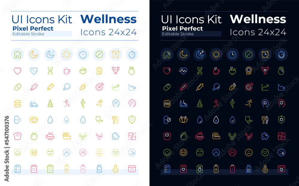 Health and fitness pixel perfect color linear ui icons set for dark ...