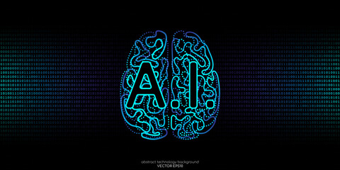 Poster - Vector illustration left right human brain blue light and binary code black background in concept of A.I. artificial intelligence technology, machine learning, neuroscience