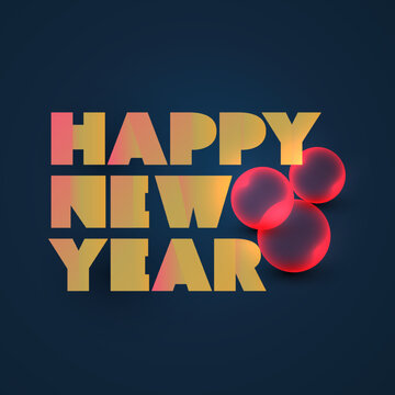 Dark Golden and Red Retro Style Art Deco Happy New Year Type Scipt Template, Multipurpose Holiday Greetings Typography Design with Christmas Balls, Globes