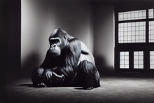Sad Gorilla Sitting In A Cage, Endangered Species And Wildlife, Studio Setting, Silverback Animal Illustration, Generative Ai