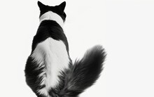 Backside View Of Black And White Cat Sitting Isolated On White Background. Rear View Of A Cat With Copy Space On White Studio Background.