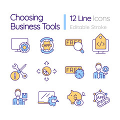 Sticker - Choosing business tools RGB color icons set. Test usage period. Corporate software. Isolated vector illustrations. Simple filled line drawings collection. Editable stroke. Quicksand-Light font used