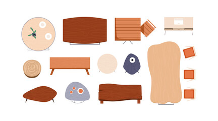Poster - Wood tables designs, above top view. Modern trendy dining furniture, desks, chairs overhead, different round and irregular shapes, sizes. Flat vector illustrations isolated on white background
