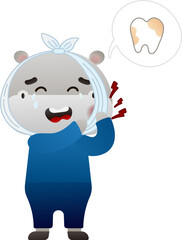 Cute baby hippo suffering from teethache in cartoon style, animal patient crying, health and medicine theme, dental care concept for kids