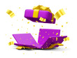 3d realistic open gift box and flying gold confetti on white background. Win Prizes concept. Vector Illustration