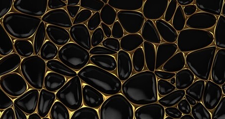 3D animation of Ink Black Stones in golden frame. Abstract animated black and golden background. Fashion animation, luxury jewelry texture, 3D rendering