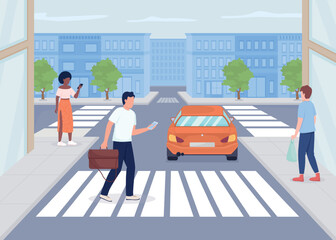Aufkleber - Pedestrians on city street flat color vector illustration. Daily citizens life. Crossroad in large town. Urban landscape. Fully editable 2D simple cartoon characters with cityscape on background