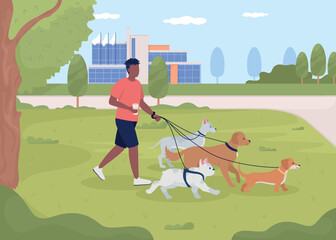 Poster - Man walking dogs in park flat color vector illustration. Job with animals for student. Taking care of pets. Fully editable 2D simple cartoon character with urban garden on background