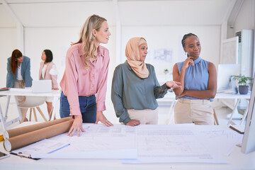 Poster - Architect, building blueprint or diversity women with planning, collaboration or consulting floor design in office. Architecture, business people or teamwork for real estate property development plan