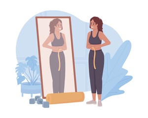 Poster - weight loss with exercising 2d vector isolated illustration. woman measuring waist flat character on