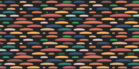 Poster - Pebbles on a black background. Seamless pattern of multicolored stones with a bulge at the bottom. For print and stylish decor, seamless patterns and textures. Forms slightly stretched in width.