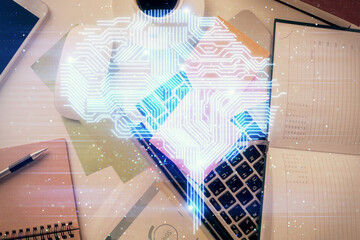 Poster - Multi exposure of brain sketch hologram over topview work table background with computer. Concept of big data.