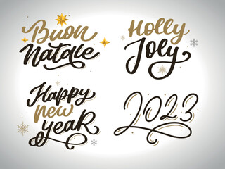 Poster - Merry Christmas set 2023 Happy New Year, typography lettering badge emblems quotes set collection. Vector logo design for postcard, invitation, greeting card, poster, gift.