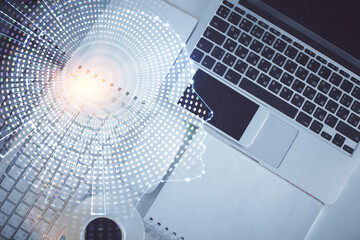 Poster - Double exposure of brain drawing hologram over topview work table background with computer. Concept of big data.