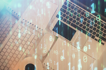 Poster - Multi exposure of data theme drawing hologram over topview work desk background with computer. Concept of technology.