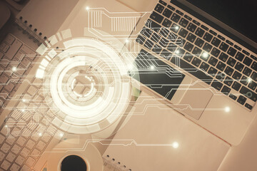 Poster - Multi exposure of data theme drawing hologram over topview work desk background with computer. Concept of technology.