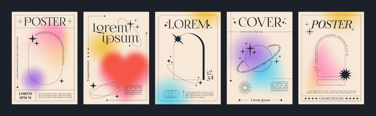 Modern fluid gradient posters with linear forms and sparkles. Trendy minimalist aesthetic print with line arch frames, stars and blurred pastel gradient background vector poster template set