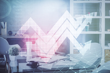 Poster - Double exposure of grow arrows and office interior background. Concept of Growth.