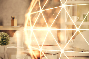 Aufkleber - Double exposure of social network theme drawing and office interior background. Concept of web.