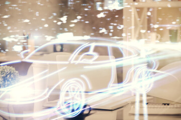 Poster - Multi exposure of auto pilot theme drawings and office interior background. Ai concept.