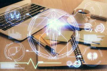 Aufkleber - Double exposure of education theme drawing and desktop with coffee and items on table background. Concept of science