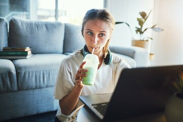Poster - Student, laptop and smoothie for education, digital elearning and research for college in living room. University, studying and school woman, working on email, project or online exam with drink