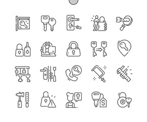 Poster - Locksmith. Key copy. Door handle. Rasp and hammer. Pixel Perfect Vector Thin Line Icons. Simple Minimal Pictogram