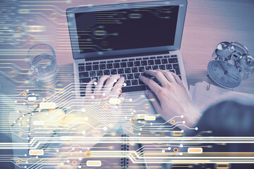 Aufkleber - Double exposure of man's hands typing over computer keyboard and data theme hologram drawing. Top view. Technology concept.