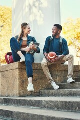 Poster - Students, relax and friends in college park for study, education and happy learning. University, woman with books and african sports man or university student together summer outdoor for happiness