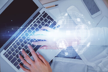Aufkleber - Double exposure of woman hands working on computer and social network theme hologram drawing. Top View. People connection concept.