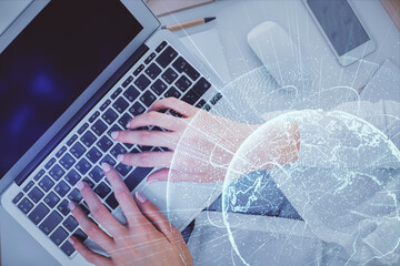 Poster - Double exposure of woman hands working on computer and social network theme hologram drawing. Top View. People connection concept.