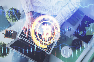 Poster - Double exposure of woman hands working on computer and blockchain theme hologram drawing. Top View. bitcoin cryptocurrency concept.