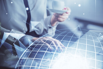 Aufkleber - Double exposure of woman hands working on computer and world map hologram drawing. International technology business concept.