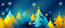 Christmas Time. Abstract Paint Art Of Christmas Trees In Colorful Glowing Winter Landscape. Digital Art Image.