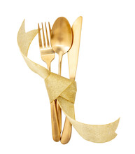 Gold Cutlery And Ribbon Decoration Isolated On Transparent Background, PNG. Christmas Table Setting Top View.